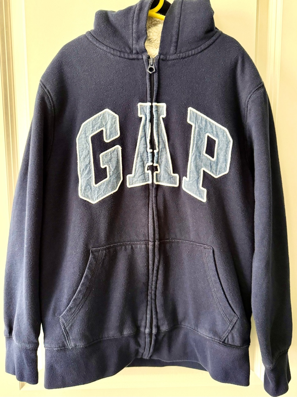 GAP Navy Zip-Up Sherpa fleece Hoodie with Light Chambray Lettering
